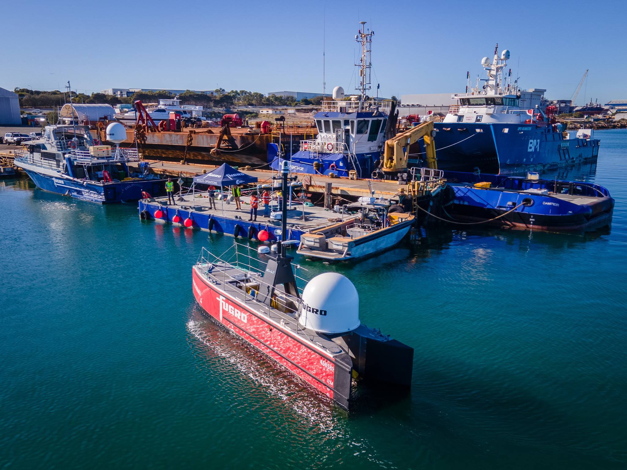Blue Essence 12m USV (Fugro Maali) , in port after performing a nearshore Inspection of Woodside�s three gas trunklines on the North West Shelf of Australia