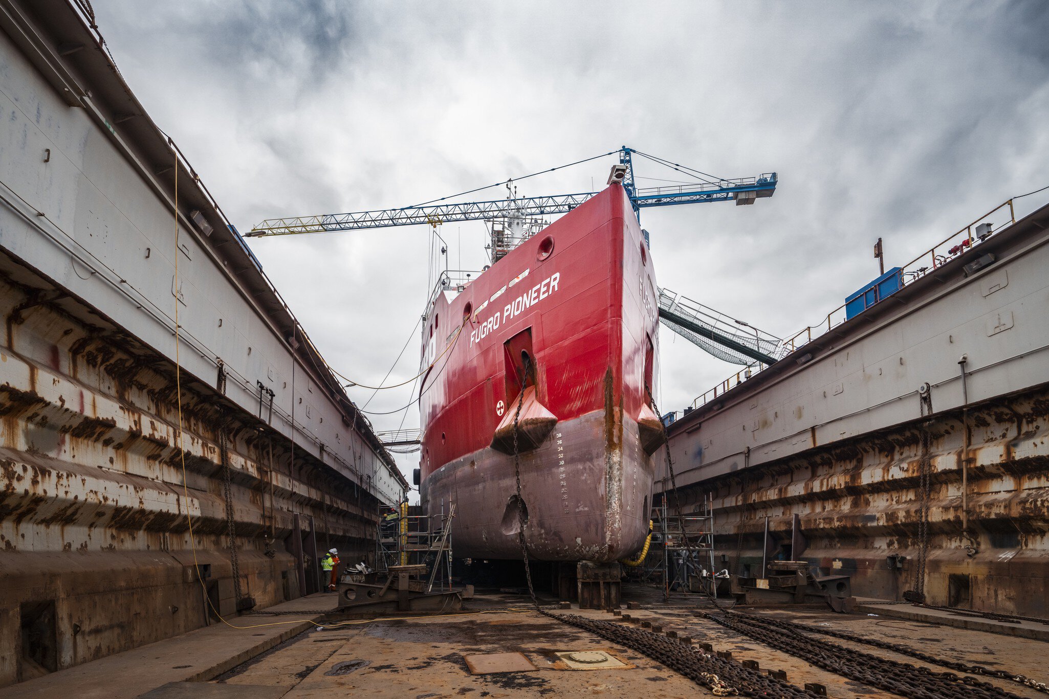 Fugro Pioneer methanol conversion in the drydock in Delfzijl, the Netherlands.