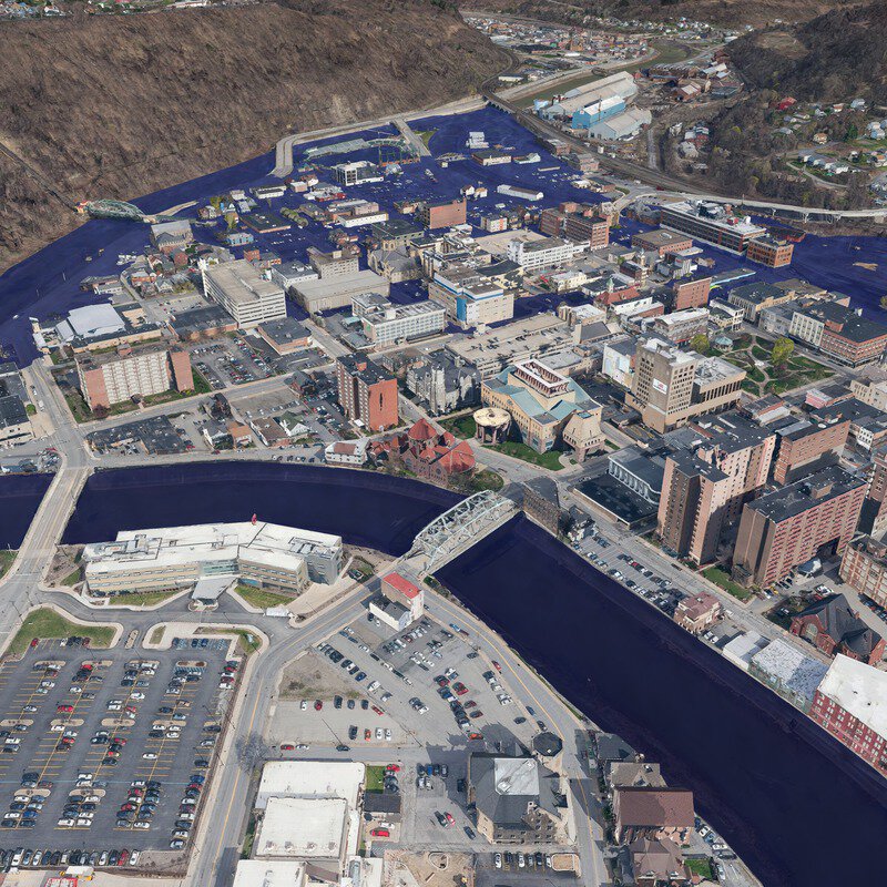 Aerial view of 3D model of flooded Cambria County in 2017. PX mapper Lidar mapping software to help emergency services plan