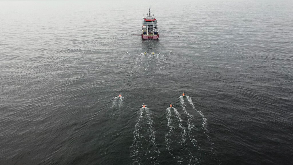Aerial view of Fugro Pioneer during 3D UHR seismic survey for Energinet's Hesselo offshore wind farm, Denmark