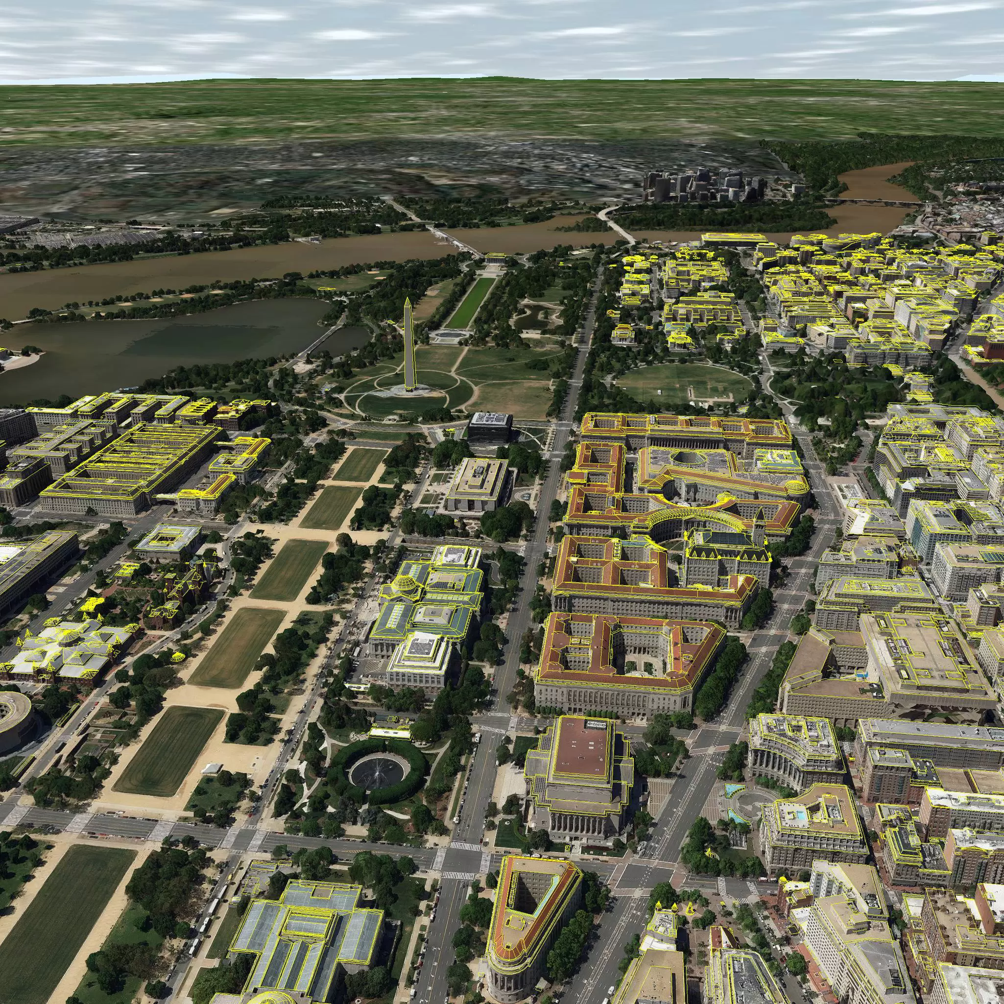 3D model of Washington DC in SIMmetyr showing planimetrics overlaid on orthoimage.tif