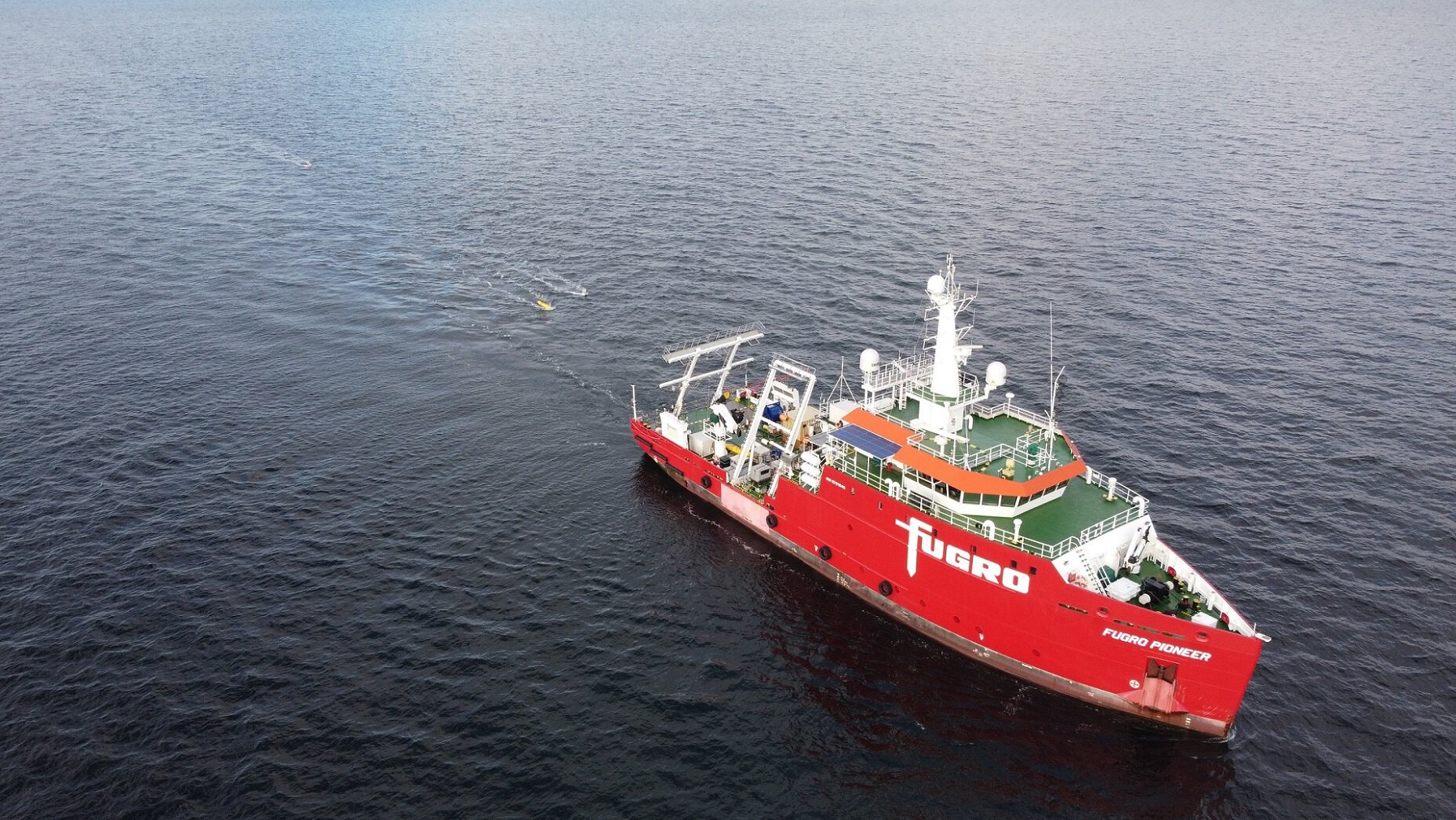 Type=N, Mode=P, DE=None
Aerial view of Fugro Pioneer during 3D UHR seismic survey for Energinet's Hesselo offshore wind farm, Denmark